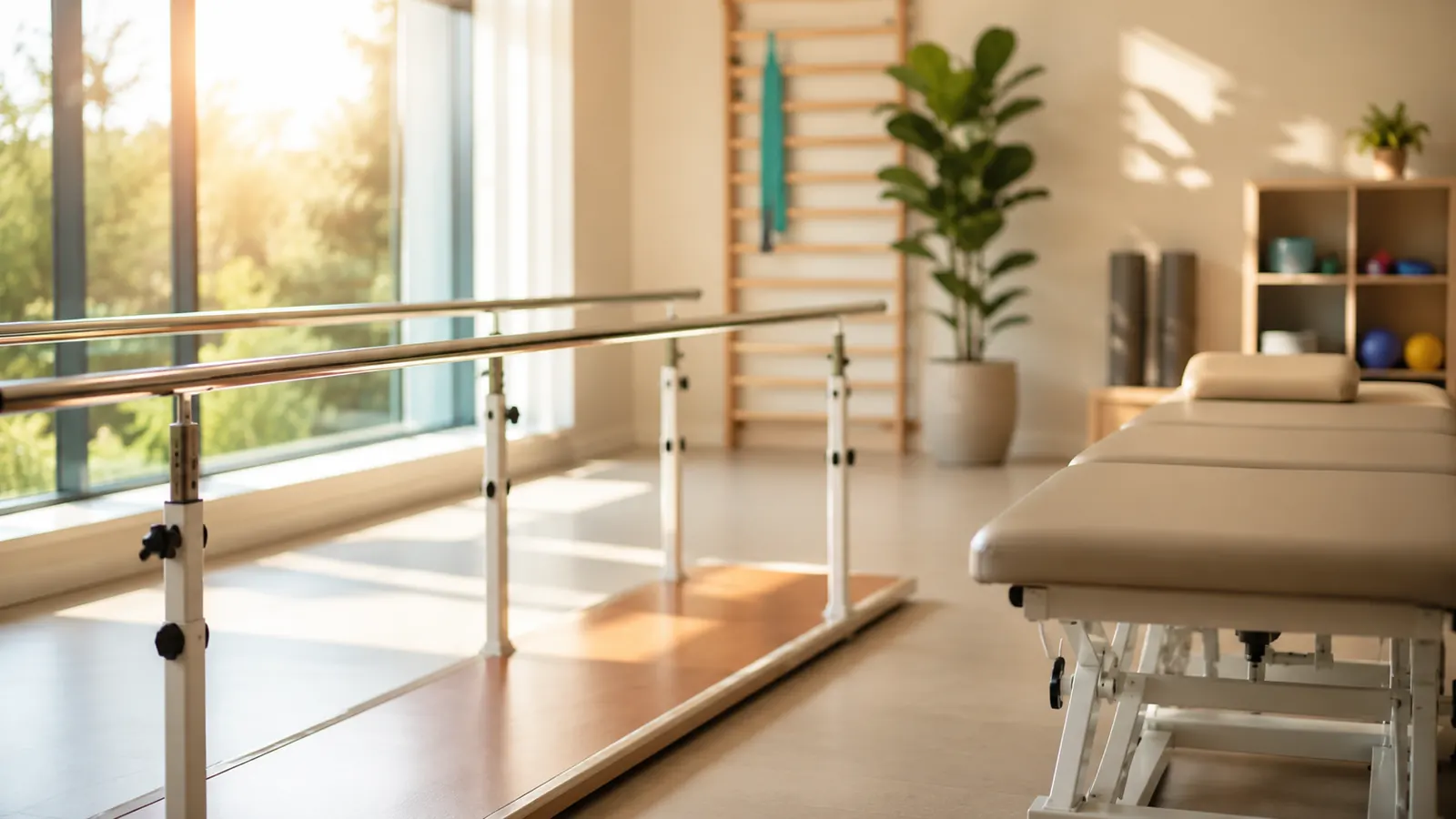 Empty, sunlit physiotherapy room with parallel bars and a treatment table