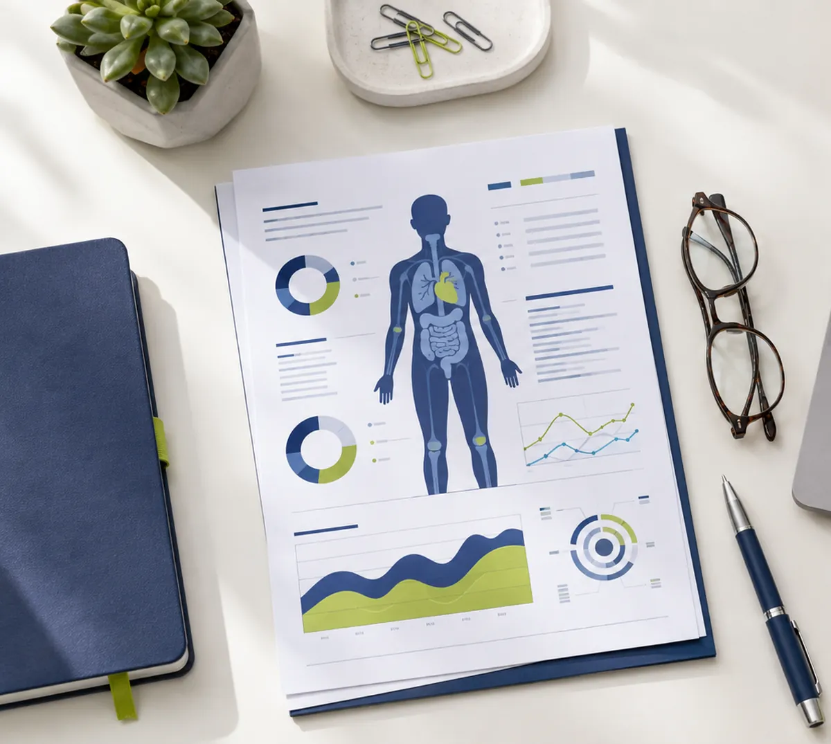 Desk with a printed medical summary, reading glasses and a notebook
